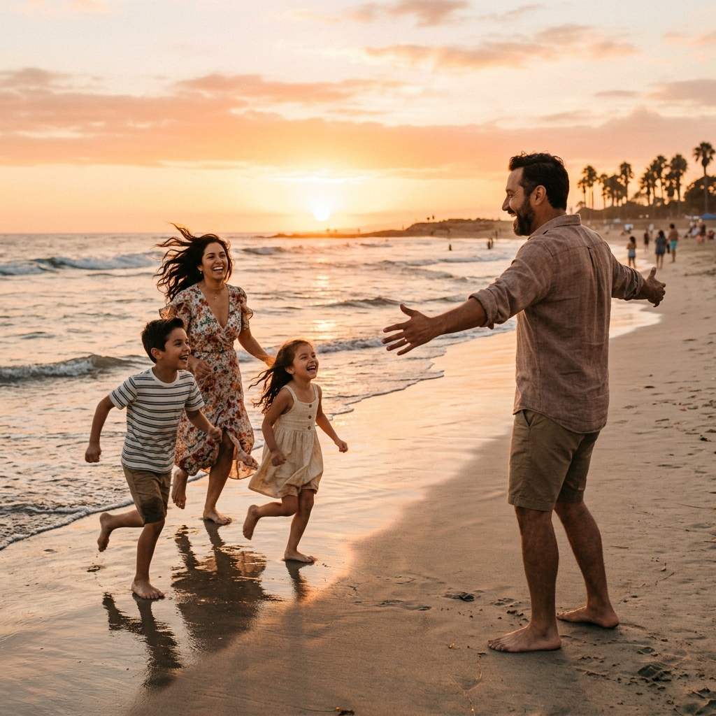 Familia feliz en la playa